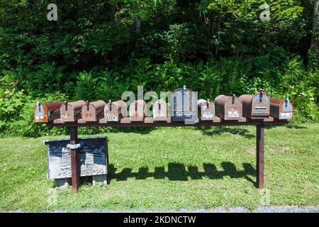 Shenandoah, USA - 16. Juli 2010: Typische US-Post oder Briefkasten mit roter Flagge angehoben, um anzuzeigen, dass die Post außerhalb der Einzelfamilie zur Abholung bereit ist Stockfoto