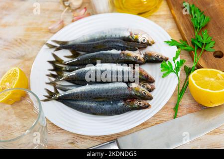 Frische Sardinen auf dem Teller, Fischgericht Stockfoto