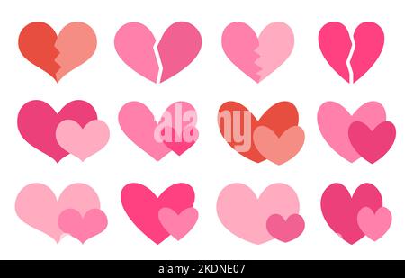 Flaches Herzsymbol. Paare von Herzen in der Liebe Konzept-Ikonen. Gebrochenes Herz trauriges Zeichen. Hochzeit und Valentinstag Symbol Kollektion isoliert auf weiß. Verschiedene Form rot wie schöne Romantik Aufkleber Stock Vektor