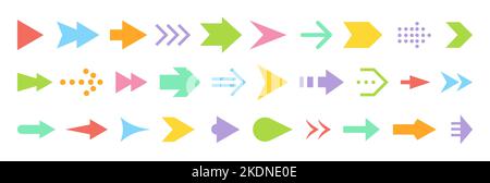 Pfeile Bunte Symbole gesetzt. Pfeilschaltflächen mit verschiedenen Formen. Cursor Zeichen großes Paket. Flache Symbole für die Anwendungsschnittstelle, Website-Navigation. Rechts links nach oben Richtung unten Infografik modernes Piktogramm Stock Vektor