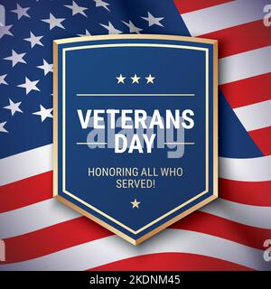 Veterans Day Postkarte Vektor-Design, mit Grußtext und Schild auf einem winkenden USA Flagge Hintergrund. Stock Vektor