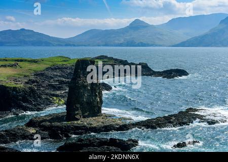 Der Meeresstapel von Dùn Beag auf der Isle of Sanday, Schottland, Großbritannien, mit den Hügeln von Rum dahinter. Stockfoto