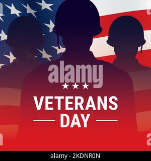 Veterans Day filmische Vektor-Grußkarte, mit WW2 Soldaten Schatten und winkende USA-Flagge. Patriotische amerikanische Armee Hintergrund mit Gedenkbotschaft. Stock Vektor