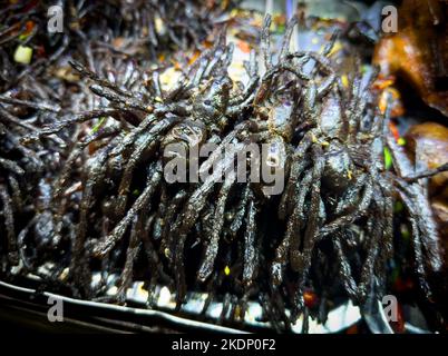 Royal Palace Park, Phnom Penh, Kambodscha, 7. November 2022. Frische, frittierte Tarantula-Spinnen zum Verkauf als Snack für Menschenmengen, die sich im Royal Palace Park in Phnom Pemh, Kambodscha, zum jährlichen kambodschanischen Wasserfestival versammelten. Das Hauptfest ist am 8. November 2022 angesetzt, und während die traditionellen langen Drachenbootrennen abgesagt wurden, finden viele andere Veranstaltungen und Feierlichkeiten an drei Tagen entlang des Flusses Tonle SAP vor dem Königspalast statt. Stockfoto