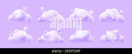 3D Render weiße Wolken, süße flauschige Spindrift abgerundete Cumulus Wirbel. Fliegendes Wetter und Natur Design Elemente Ballons isoliert auf Hintergrund, Vektor-Illustration in Cartoon-Kunststoff-Stil Symbole Stock Vektor