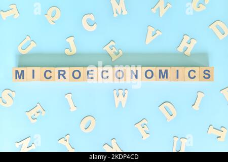 Mikroökonomik-Konzept in Finanz- und Wirtschaftswissenschaften. Worttypografie auf Holzblöcken flach liegend. Stockfoto