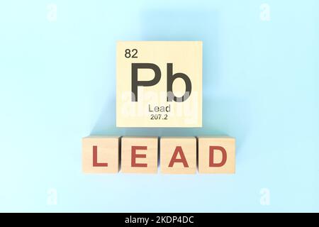 Bleichemisches Elementsymbol mit atomarer Masse und atomarer Zahl in Holzblöcken flacher Laienzusammensetzung. Chemie und Wissenschaft Konzept. Stockfoto