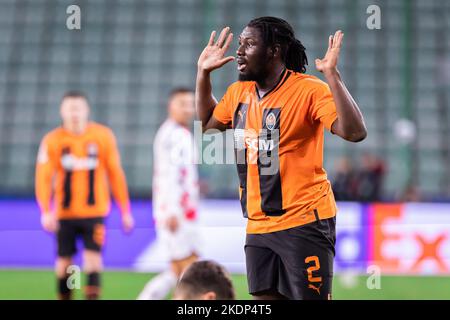 Warschau, Polen. 02.. November 2022. Lassina Traore von Shakhtar reagiert während des UEFA Champions League Group Stagematches zwischen FC Shakhtar Donetsk und RB Leipzig im Marschall Jozef Pilsudski Legia Warsaw Municipal Stadium.Endstand; FC Shakhtar Donetsk 0:4 RB Leipzig. Kredit: SOPA Images Limited/Alamy Live Nachrichten Stockfoto