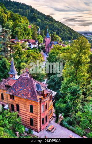 Traditionelles Schloss in Heidelberg bei Sonnenuntergang - Baden-Württemberg, Deutschland Stockfoto