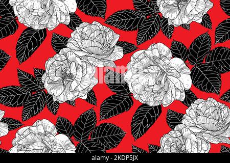 Nahtloses Muster aus handgezeichneten schwarzen und weißen Rosen mit schwarzen Blättern auf rotem Hintergrund. Floral Wallpaper Design für Textilien, Papier, Druck, Mode, Stoff, Und Kartenhintergrund. Stock Vektor