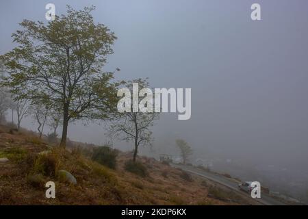 Srinagar, Indien. 07.. November 2022. Ein Fahrzeug bewegt sich während eines nebligen Wetters am Stadtrand von Srinagar entlang der Straße. Regen setzte sich fort, die Ebenen zu schlagen, während obere Reichweiten Schneefall erhielten, da der Wettermann bis November 11 mehr nasses Wetter in Jammu und Kaschmir vorhersagte. (Foto von Saqib Majeed/SOPA Images/Sipa USA) Quelle: SIPA USA/Alamy Live News Stockfoto