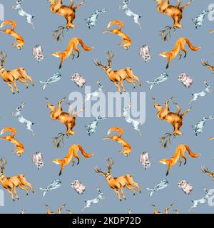 Wildtiere, Hase, Fuchs, Eule, Hirsch Aquarell nahtloses Muster auf blau isoliert. Winter Walddruck, handgezeichnet von Wald. Design für Textil, Winter Stockfoto