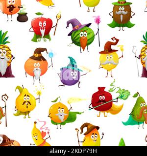 Cartoon Obst Zauberer, Magier, Hexen und Zauberer Figuren nahtlose Muster. Vektorhintergrund mit Apfel, Wassermelone, Kiwi, Orange oder Pflaume, Granat, Banane, Birne, Zitrone und Ananas, Quitte, Mango Stock Vektor