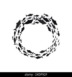 Runder Rahmen aus schwimmenden Wassertunfisch, Shoaling und Schwärme von Fischen im Kreis Silhouette. Vektor-Schule der Fische schwimmen im Kreis, marine Kabeljau Herde Stock Vektor