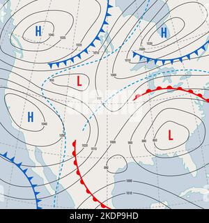 Wettervorhersage isobar Vereinigte Staaten Karte. Meteorologie Wind Front und Temperatur Diagramm. Wetterprognose der Vereinigten Staaten von Amerika isobare Karte oder Vektorhintergrund mit Zyklonen, atmosphärische Druckgrenzen Stock Vektor