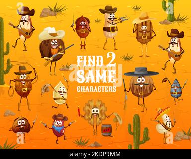 Wilder Westen. Finden Sie zwei gleiche Cartoon Cowboy, Bandit und Ranger Mutter Zeichen. Quiz Spiel Vektor Arbeitsblatt mit Cashew und Kokosnuss, Walnuss, Haselnuss und brasilianische Nuss, Pecan und Mandel, Erdnuss Cowboys Stock Vektor