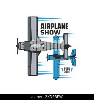 Flugzeugshow-Ikone mit Vintage-Propellerflugzeugen. Airshow-Event, Luftfahrtgeschichte Ausstellung Vektor-Emblem oder Symbol mit Vintage Propeller Eindecker, alte Militärjäger oder Bomber Flugzeuge Stock Vektor