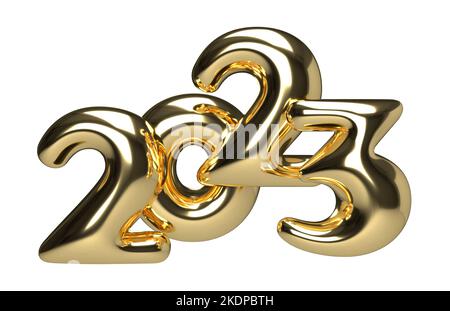 Plump Gold Zahlen 2023 in geschwollenen Comic-Stil. Realistisches 3D-Zeichen. Symbol für das Ereignis „Neujahr“. 3D Darstellung auf weißem Hintergrund isoliert rendern Stockfoto