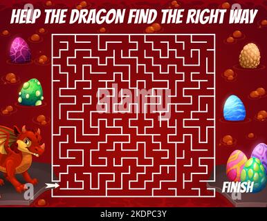 Labyrinth Labyrinth Spiel der Hilfe der Drache, um die Eier zu finden. Cartoon rot lustigen Drachen und Eier in Höhle Vektor-puzzle, Rätsel oder Quiz Arbeitsblatt, Kinder pädagogische Aktivität Pfadfinderspiel, Dinosaurier Monster Stock Vektor