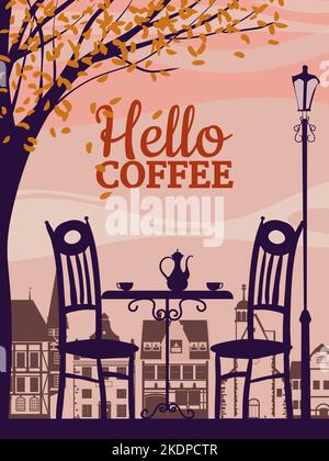 Herbstcafé, Herbststimmung. Hallo Kaffeetasse, Stuhl, Tisch, Wasserkocher Stock Vektor