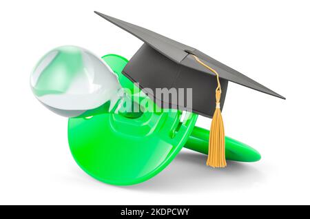 Schnuller mit Graduierungskappe. 3D Darstellung isoliert auf weißem Hintergrund Stockfoto