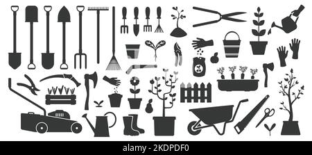 Schwarze Gartengeräte. Flache Garteninstrumente Silhouetten, Dorf landwirtschaftliche Geräte Schere Axt Schaufel Rechen Schaufel Topf. Vector Simple Set Stock Vektor