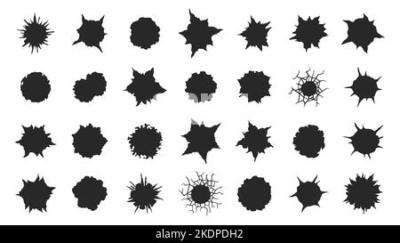 Schwarze Schusslöcher. Geschoss Schuss beschädigte Elemente auf metallischer Oberfläche, Pistole bullethole Silhouetten Ziel Schießen zerrissene Riss Elemente. Vektor Stock Vektor