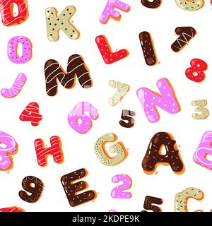Donut-Typmuster. Nahtloser Druck von bunten Keks Kuchen Alphabet, niedlichen Donut-Schrift Buchstaben und Zahlen wiederholten Hintergrund. Vektorstruktur Stock Vektor