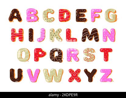 Donut-Alphabet. Cartoon süße Süßigkeiten Bäckerei Schriftart für Logo-Design, kreative lustige Donut ABC Schrift Großbuchstaben. Farbenfrohes Vektorset Stock Vektor