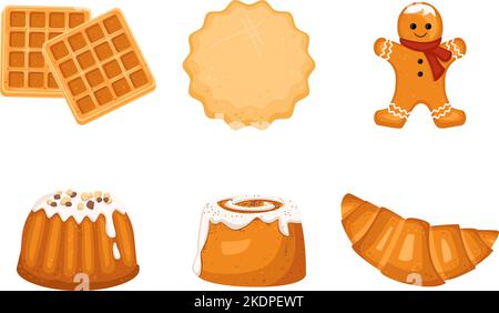 Köstliche süße Gebäckstücke zum Frühstück, Tee und Kaffee. Croissant, Brötchen und Kekse für den festlichen Tisch, Konditorei-Design. Vektorgrafik flach Stock Vektor