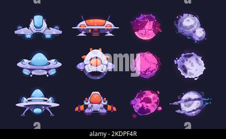 Fantasy-Planeten und -Schiffe. Cartoon Neon Raumschiff und kosmische Symbole für 2D Spiel-Design, Comic Fantasy Raum ufo Shuttles Satellitenrakete. Vektor Stock Vektor