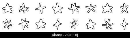 Sternsymbol. Satz schwarzer Sternsymbole. Vektorgrafik. Verschiedene Formen von linearen Sternen Stock Vektor