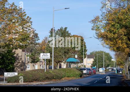 Eine Gesamtansicht der Bute Street in Cardiff, Wales, Vereinigtes Königreich. Stockfoto