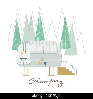 Ein glamouröser Wohnwagen, ein Wohnwagen rund um den Kiefernwald, in dem Sie sich im Freien entspannen können. Niedliche Vektordarstellung für das Web. Stock Vektor