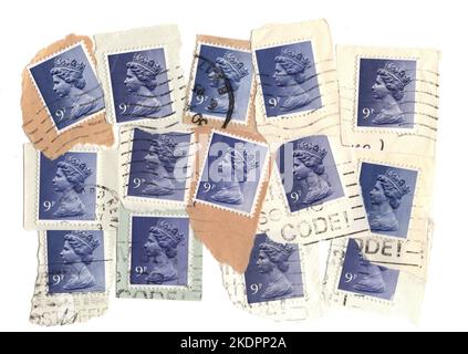 Eine Montage von Vintage-Briefmarken auf Papier aus dem Vereinigten Königreich. Stockfoto