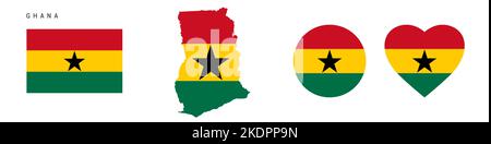 Symbol für Ghana-Flagge gesetzt. Ghanaische Wimpel in offiziellen Farben und Proportionen. Rechteckig, kartenförmig, Kreis- und herzförmig. Flache Vektorgrafik i Stock Vektor