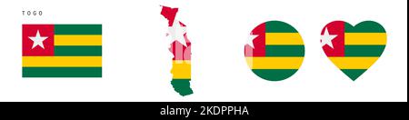 Symbol für Togo-Flagge gesetzt. Togolese Republic Wimpel in offiziellen Farben und Proportionen. Rechteckig, kartenförmig, Kreis- und herzförmig. Flache Vektorillust Stock Vektor