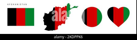 Symbol für Afghanistan-Flagge gesetzt. Afghanische Wimpel in offiziellen Farben und Proportionen. Rechteckig, kartenförmig, Kreis- und herzförmig. Vektorgrafik flach Stock Vektor