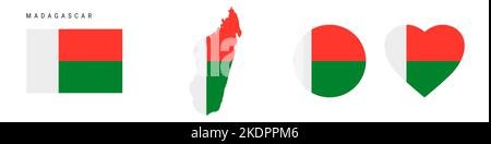 Symbol für Madagaskar-Flagge gesetzt. Wimpel der Republik Madagaskar in offiziellen Farben und Proportionen. Rechteckig, kartenförmig, Kreis- und herzförmig. Flach ve Stock Vektor