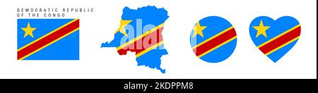 Demokratische Republik Kongo Flagge Symbol gesetzt. DR Kongo Wimpel in offiziellen Farben und Proportionen. Rechteckig, kartenförmig, Kreis- und herzförmig. Stock Vektor