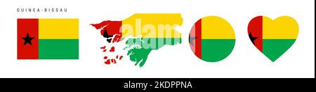 Symbol für Guinea-Bissau-Flagge gesetzt. Republik Guinea-Bissau Wimpel in offiziellen Farben und Proportionen. Rechteckig, kartenförmig, Kreis- und herzförmig. F Stock Vektor
