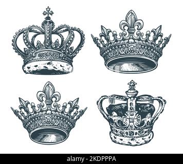Königliche goldene Krone mit Edelsteinen. König, Königin Symbol. Handgezeichnete Skizzenvektor-Illustration im Vintage-Gravurstil Stock Vektor