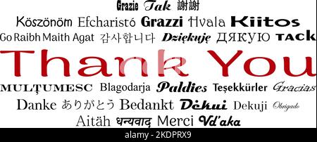 Vielen Dank Vektorbeschriftung. Sprachen weltweit. Weißer Rücken. Sprachen der Europäischen Union, Chinesisch, Japanisch, Koreanisch, Ukrainisch, Hindi in rot und schwarz. Stock Vektor