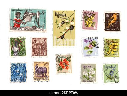 Eine Montage von Vintage-Briefmarken aus Uganda auf weißem Hintergrund. Stockfoto