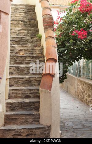 Schritte, die zum Haus mit von einer Pflanze umrandeten Blumen führen, die sich über einen Gehweg im mediterranen Küstendorf Collioure, Frankreich, wölben Stockfoto