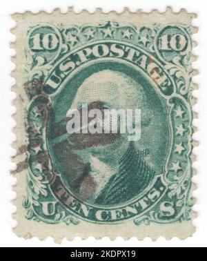 USA - 1861: Eine grüne Briefmarke von 10 Cent, die das Porträt von George Washington darstellt. Amerikanischer Militäroffizier, Staatsmann und Gründungsvater, der von 1789 bis 1797 als erster Präsident der Vereinigten Staaten diente. Vom Kontinentalkongress zum Kommandeur der Kontinentalarmee ernannt, führte Washington die Patriot-Kräfte zum Sieg im amerikanischen Revolutionskrieg und diente als Präsident des Verfassungskonvents von 1787, der die Verfassung der Vereinigten Staaten und der amerikanischen Bundesregierung schuf. Washington wurde als „Vater seines Landes“ bezeichnet Stockfoto