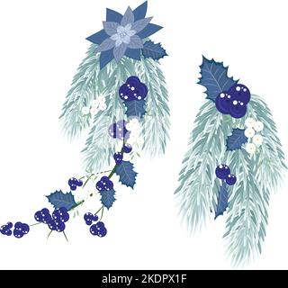 Weihnachtliche Blumenzusammensetzung, vorgefertigte Scens mit blauen Weihnachtssternen, Misteln und blauen Stechbeeren. Dekoration für Weihnachten und Neujahr. Vektor-il Stock Vektor