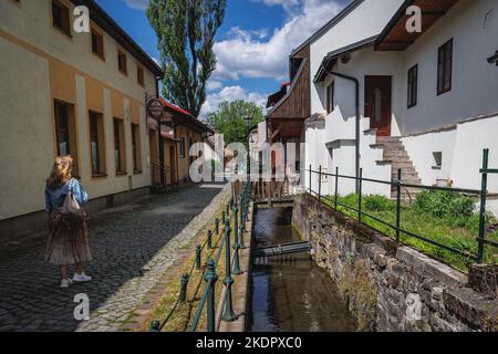 Das sogenannte Venedig von Cieszyn in der Przykopa Straße im historischen Teil der Grenzstadt Cieszyn in Polen Stockfoto