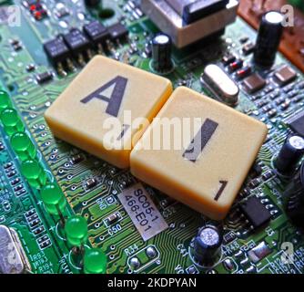 AI - Künstliche Intelligenz - Scrabble Buchstaben / Wort auf einer elektronischen Leiterplatte Stockfoto