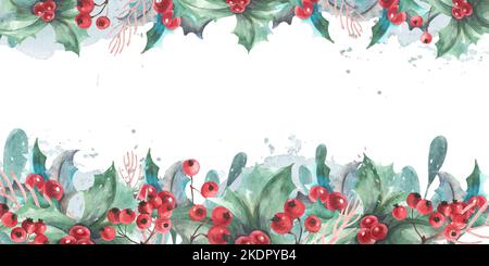 Rahmen weihnachtskompositionen aus Zweigen, Blättern, Beeren. Silberspritzer. Aquarell auf weißem Hintergrund. Isolieren. Stockfoto